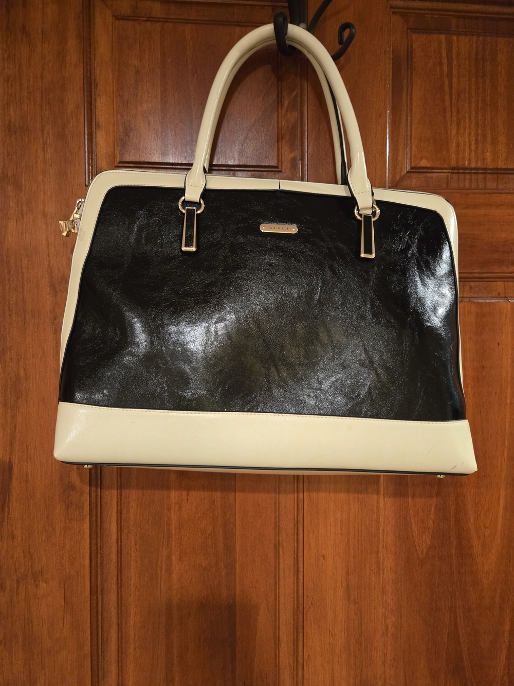 Two-Tone Black and Cream Satchel Bag with Gold Accents